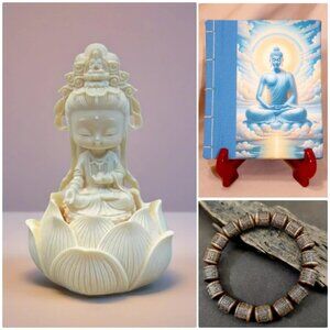 Spiritual Gift Set -GUAN-YIN Boddhisatva Statue Buddha Book Mala Prayer Bracelet